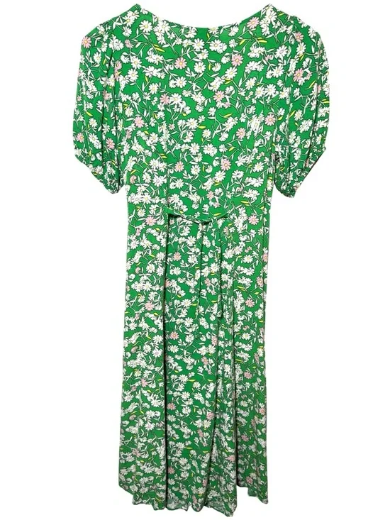 Scoop Floral V-Neck Midi Dress Short Puff Sleeves Spring Summer Party Green M - Picture 4 of 7